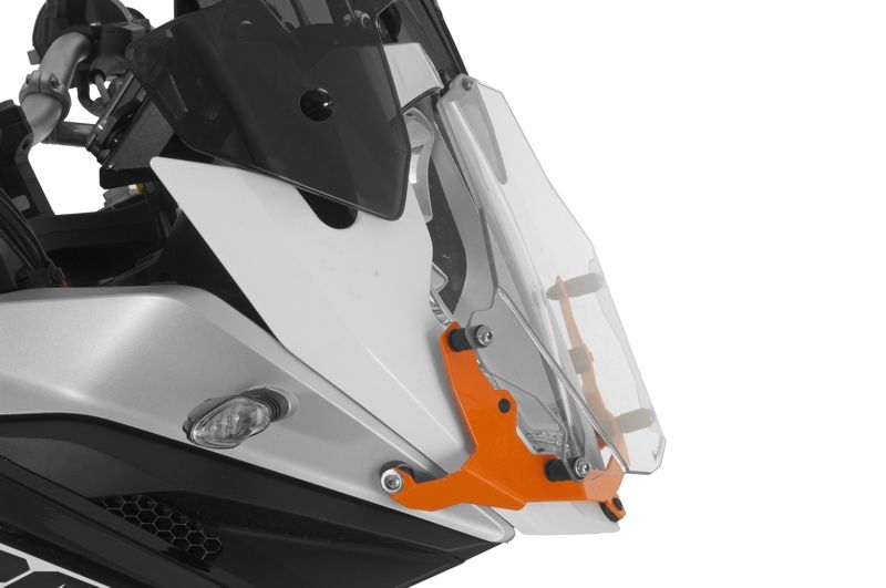 Makrolon headlight protector with quick release fasteners, orange bracket, for KTM 1050 Adventure/ 1090 Adventure/ 1190 Adventure/ 1190 Adventure R/ 1290 Super Adventure *OFFROAD USE ONLY*